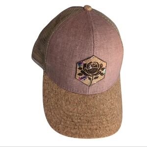 Pink and Brown Cork Trucker Hat with Rose Design NWOT